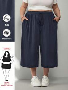 SHEIN CURVE+ Plus Size Women's Navy Blue Lightweight Ice Silk Knit Ribbed Casual Pants, With Pockets, Drawstring Waist, Loose Fit, Suitable For Summer Hiking - Navy Blue - View 1