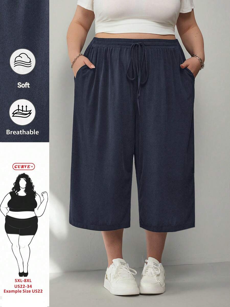 SHEIN CURVE+ Plus Size Women's Navy Blue Lightweight Ice Silk Knit Ribbed Casual Pants, With Pockets, Drawstring Waist, Loose Fit, Suitable For Summer Hiking - Navy Blue - View 1