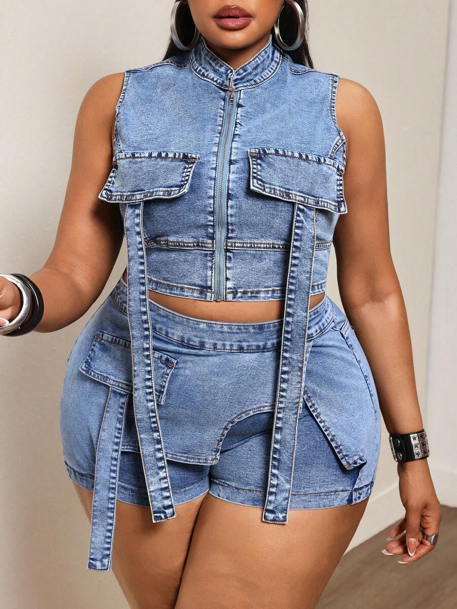 Slaydiva Summer New Arrival Zipper Closure Slim Fit Denim Jacket - Blue - View 1