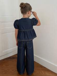 Hapijoa Young Girl Short Puff Sleeve Bow Decor Top And Pants Denim Set Fall - Navy Blue - View 2