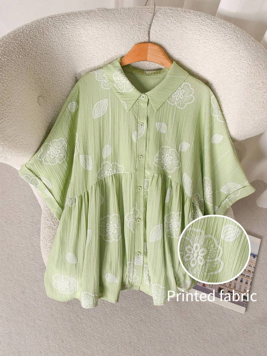 CosyJoli 大尺碼女款花卉刺繡休閒蝙蝠袖上衣休閒花卉印花綠色女款上衣