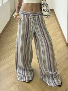 SHEIN Tall 女款高腰條紋亞麻寬腿褲，海灘度假休閒鄉村風，優雅自然，隨機花卉圖案，夏秋女裝返校季，適合高個女性 - 綠色 - 查看 7