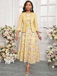 SHEIN Lady 優雅兩件式純色外套搭配長版印花女款黃色洋裝，四季皆宜 - 黃色 - 查看 4