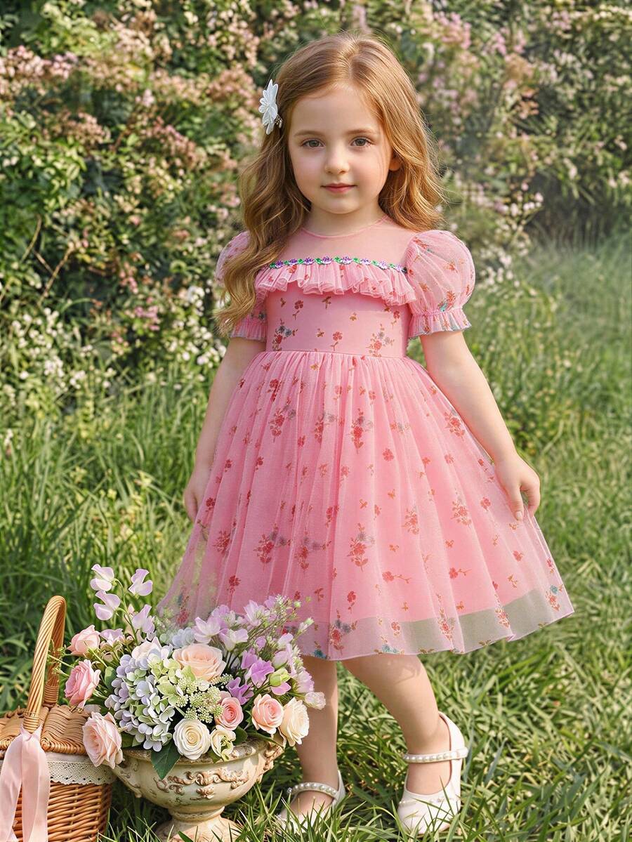 Glamorique Kids 小女孩碎花薄纱连衣裙,粉色花童礼服,适合生日派对、婚礼等各种场合 - 粉色 - 查看 1