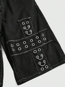 ROMWE Grunge Punk Quần short denim dáng rộng phong cách đường phố Y2K Punk với đinh tán kim loại và khoen cài, thêu hình chữ thập. - màu đen - Xem 4