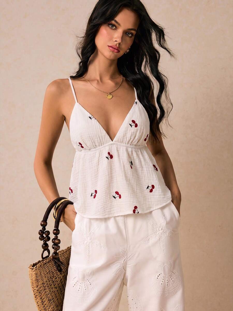 Poéselle 100%純棉櫻桃刺繡法式度假風女款背心上衣 - 白色 - 查看 1
