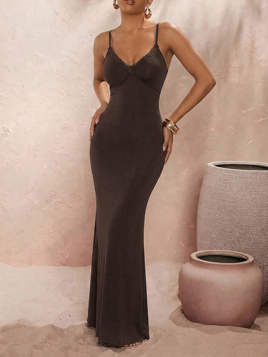 Opulessa Women's Spaghetti Strap Lace Trim Backless Fitted Dress - Brown - View 1