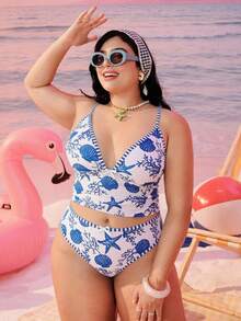 Swim Mod 大尺碼女款 2 件式隨機幾何方格印花時尚度假顯瘦收腹保守蝴蝶結高腰比基尼 海軍藍 夏季 - 藍色 - 查看 3