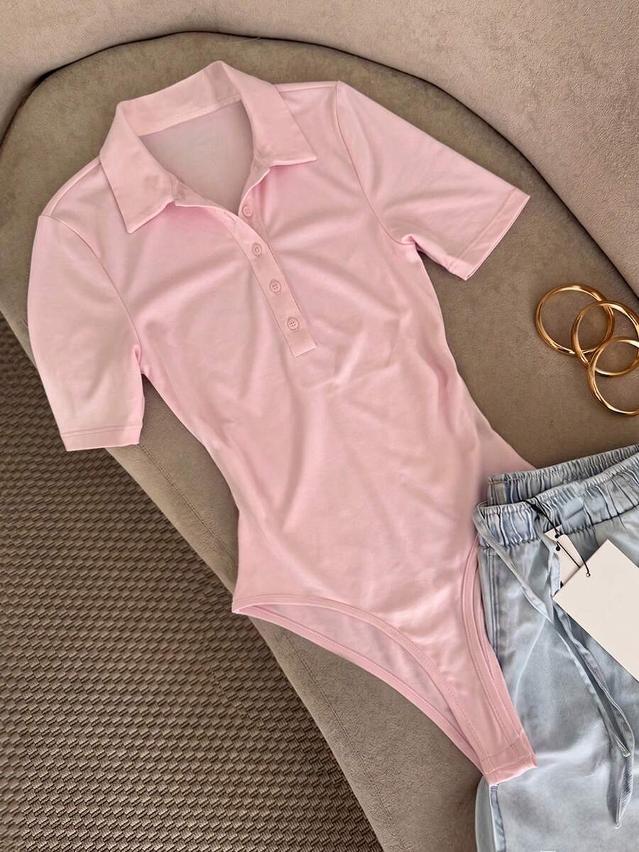 Franclia Women's Solid Color Button Half-Placket Short Sleeve Casual Bodysuit - Pink - View 1