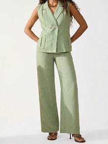 Bóhologie Women's Solid Color Linen Fabric Casual Style Pocket Gold Button Decor 2-Piece Tank Top And Pants Set - Mint Green - View 8