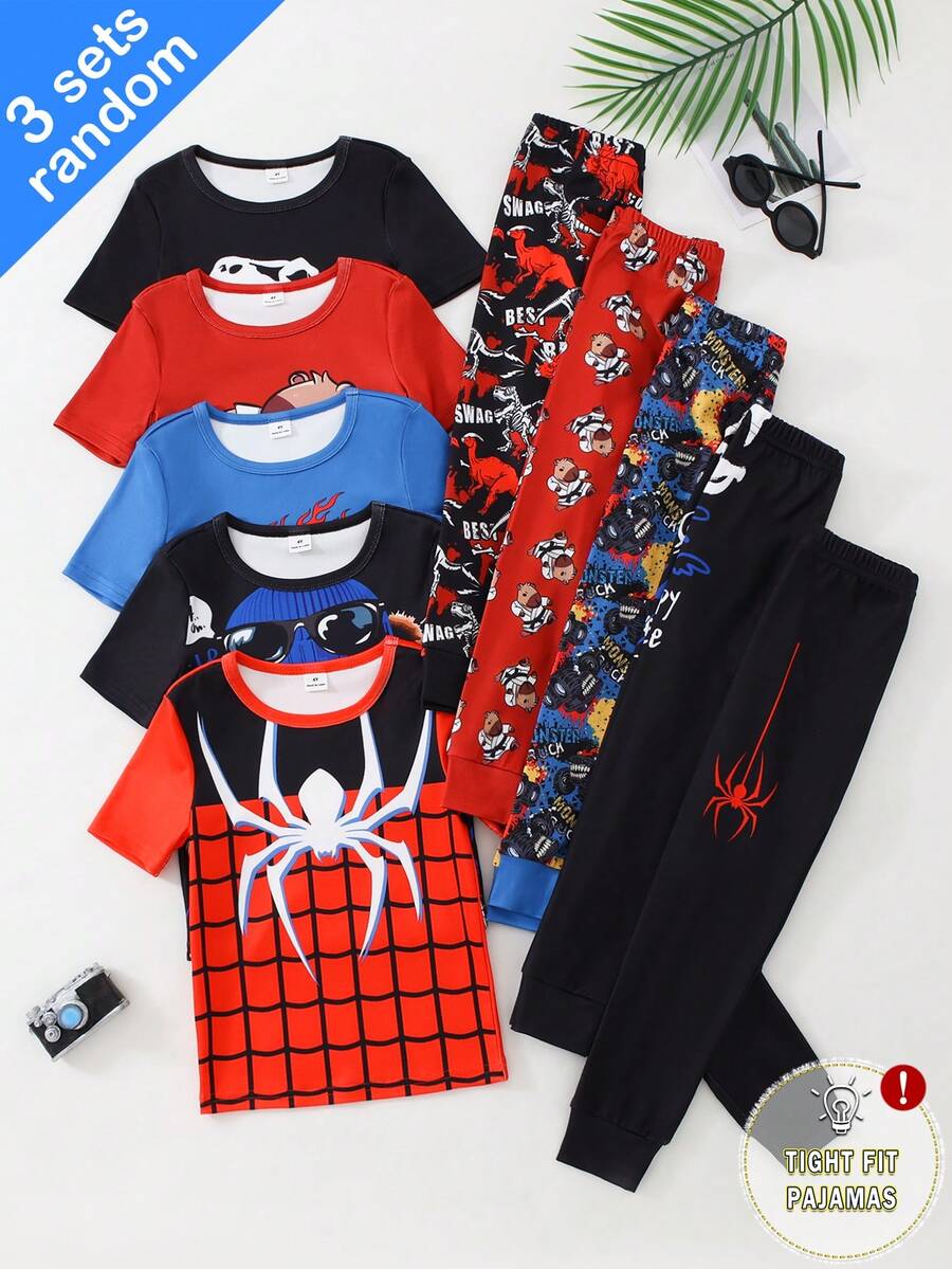 SHEIN 【5套随机发货,送3套】男童春夏短袖紧身睡衣套装,卡通恐龙、可爱海豚、酷炫越野车、恐龙、蜘蛛图案,针织面料,柔软舒适短袖睡裤套装 - 彩色 - 查看 1