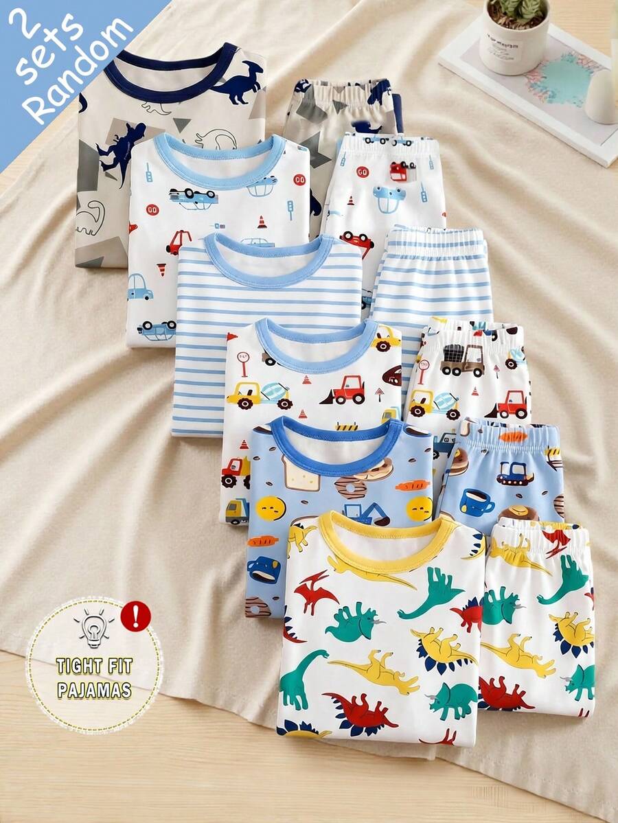 SHEIN 【6件套随机发货,每套2件】男童睡衣,春夏新品,时尚热销元素恐龙、鲨鱼、汽车、宇航员、交通工具印花,针织紧身高弹面料短袖长裤睡衣套装,2件睡衣上衣+2件睡裤(随机发货) - 彩色 - 查看 1