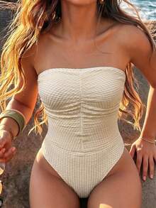 Swim Chiccia Women's Solid Color Bandeau Ruched One-Piece Swimsuit Beach Summer Outfit - Apricot - View 3