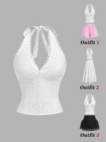 SHEIN MOD 女款鏤空刺繡對比蕾絲掛脖上衣 - 白色 - 查看 2