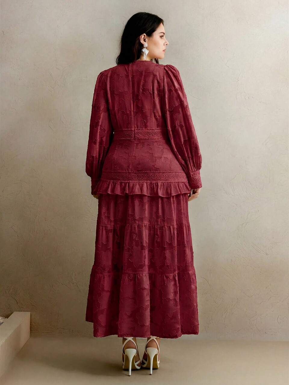 Elegant Plus Size V-Neck Long Sleeve Cutout Patchwork Ruffle Hem Slim Waist Maxi Dress, Suitable For Spring, Fall, Winter, New Year, Party, Wedding, Chic, Stylish, Formal, Work, Thanksgiving, Graduation, Christmas, Festival, Elegant, Valentine's Day