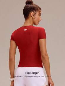 GLOWMODE Stretch Mesh AirFlex Fitted Compression Breathable Hip-Length Stay-Put Contrasting Back Logo Short Sleeve Tee Training Running Workout Gym Fitness Wear - Fiery Red - View 2