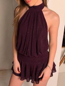 Katetique Women's Purple-Red Halter Neck Ruffle Hem Mini Dress, Purple-Red Dress Party - Purple - View 4