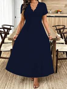 Breezaya Plus Size Women's Wavy Collar Fashion Commuter Long Dress - Navy Blue - View 6
