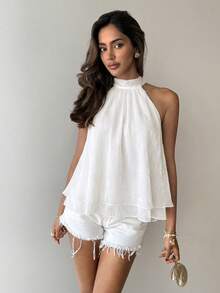 Aloruh Women's Elegant Shiny Pink Backless Top - White - View 3