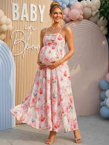 Loomaby Pregnant Women Summer Elegant Floral Print Spaghetti Strap Dress,Gender Reveal Dress,Maternity Dress,Baby Shower Dress - Red - View 14