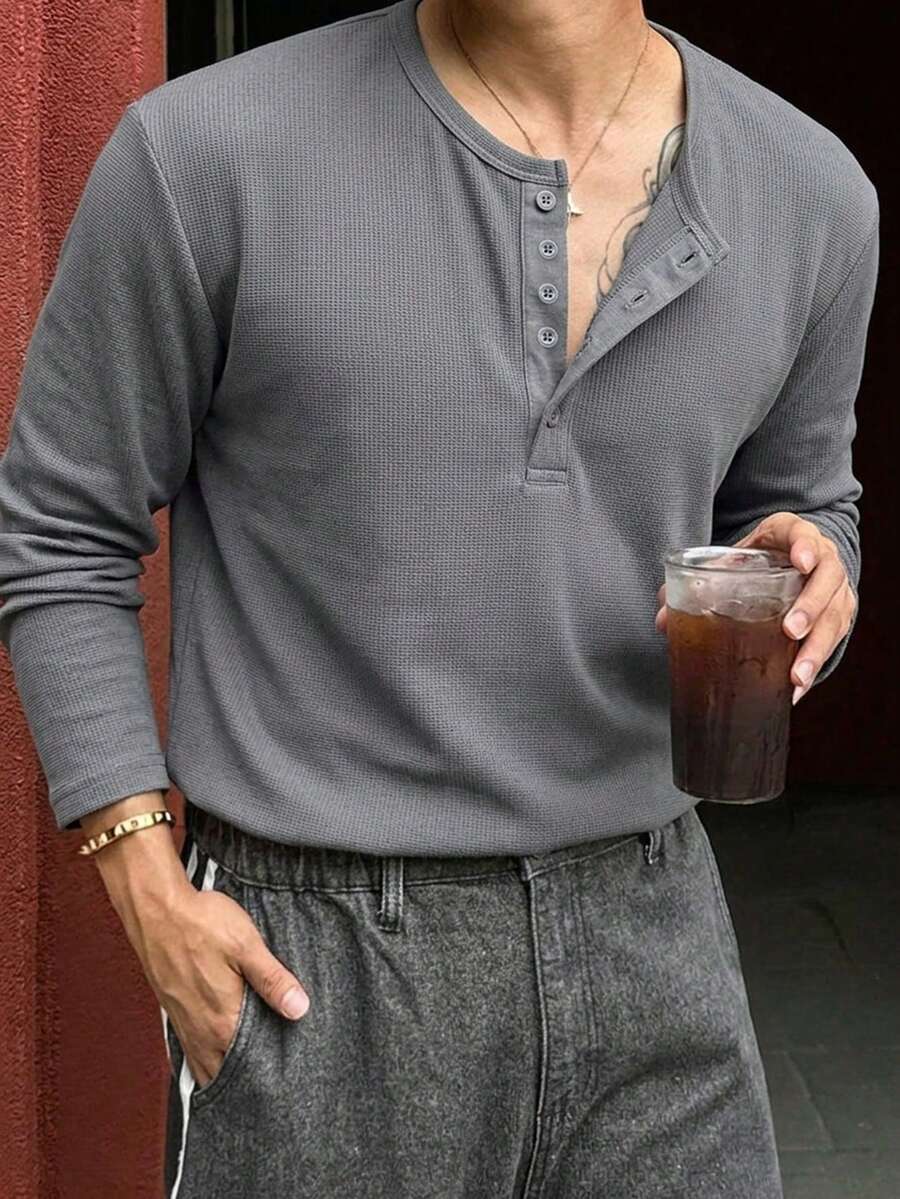 DAZY Men's Textured Fabric Long Sleeve Basic Half-Button T-Shirt Summer - Grey - View 1