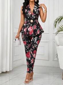 SHEIN Lady Plus Size Women's Floral Print Waist Metal Single Button Sleeveless Jacket And Pants Elegant Suit Set - Black - View 1