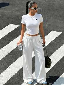 SHEIN 2pcs/Set Teen Short Sleeve & Long Pants Set, Minimalist Pure White With Pony Print, Suitable For Spring/Summer, Sports & Commuting - White - View 9