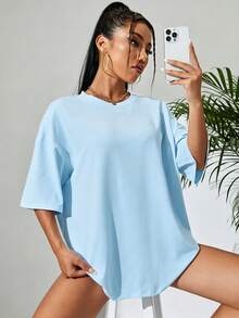 Sundraya Camiseta de hombros caídos de cuello redondo - Celeste - Ver 4