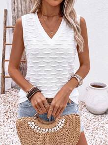 EMERY ROSE Top de tirantes casual versátil de punto texturizado con cuello en V, nuevo y de exitosa para mujer, primavera/verano, fácil de combinar - Blanco - Ver 3