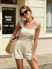 Cévolie Bộ áo liền quần nữ hở lưng buộc dây, phối ren, có họa tiết. - Màu Khaki - Xem 3
