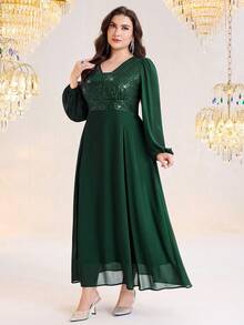 Modelyn Plus Size Women's Solid Color Patchwork Sequin Lantern Sleeve Elegant Dress - Dark Green - View 6