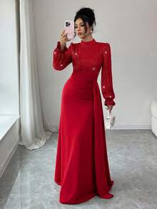 SHEIN Elenzya Robe de soirée élégante et glamour pour femme avec sequins, pour invitée de mariage, cocktail, Nouvel An et Noël, à manches longues, taille cintrée, évasée et fluide - Rouge - Voir 3
