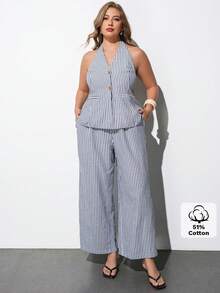 Maija Plus Size Blue And White Striped Halter Neck Sleeveless Top,Two Pieces Suit,Summer,Smart Casual,Vacation,Holiday,Vintage Office Bussines Lady Style - Multicolor - View 4