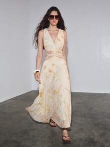 MOTF PREMIUM VACATION LACE PATCHWORK SLEEVELESS PRINTED WAIST PLEATED DRESS, SPRING/SUMMER - Apricot - View 5