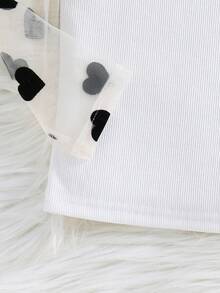Young Girl Solid Color Round Neck Contrast Mesh Gigot Sleeve Casual T-Shirt - White - View 5