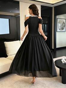 Modelyn Elegant Open Shoulder Halter Neck Beaded Long Evening Gown Dress For Women - Black - View 5