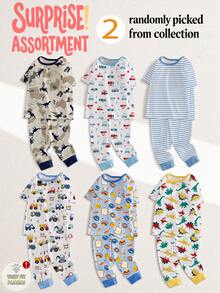SHEIN 【6件套随机发货，每套2件】男童睡衣，春夏新品，时尚热销元素恐龙、鲨鱼、汽车、宇航员、交通工具印花，针织紧身高弹面料短袖长裤睡衣套装，2件睡衣上衣+2件睡裤（随机发货） - 彩色 - 查看 5