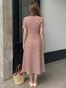 Modelyn Women's Spring/Summer Pink Knit Textured Striped Color-Block Brown Knit Button Polo Collar Cinched Waist A-Line Elegant Romantic Midi Dress - Multicolor - View 3