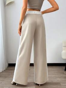 EURMUSE Damen Einfarbig Plissee Design Weite Beine Locker Lässig Lange Hose - Beige - Übersicht 3