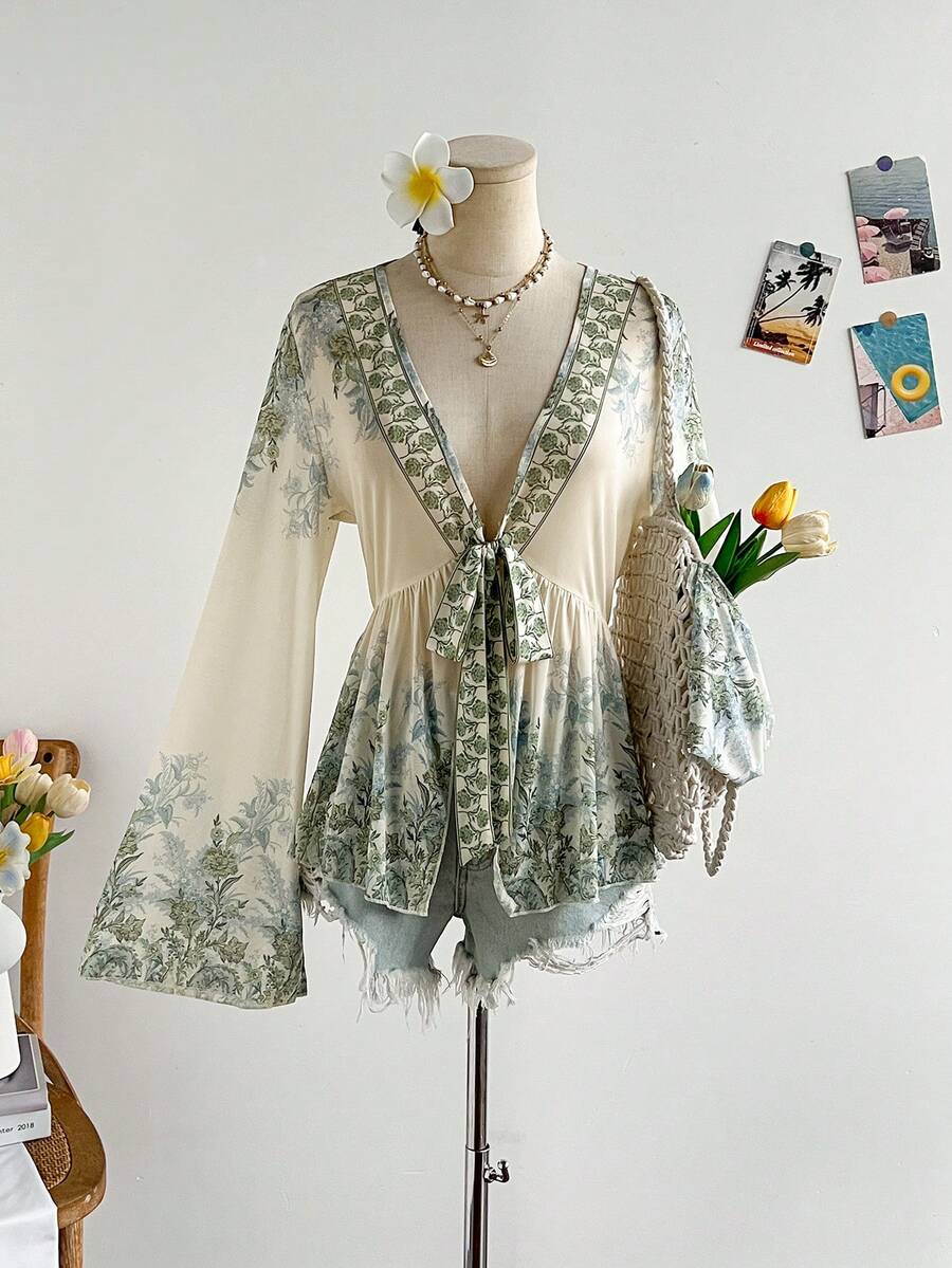 Soleia 女款度假針織網眼復古花卉印花V領長袖喇叭袖前綁結A字版型上衣 派對聖誕約會之夜夜店波希米亞風度假秋季女裝復古假日風 - 彩色 - 查看 1