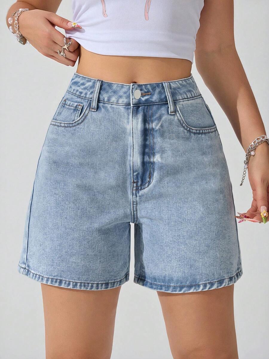 SHEIN Unity Quần short denim nữ dáng rộng, chất liệu denim mài, có túi xéo, thích hợp cho mùa hè. - Rửa nhẹ - Xem 1