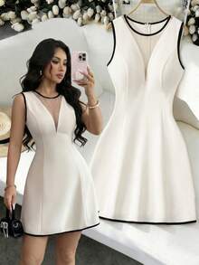 Elenzga Sleeveless Round Neck Color Block Fabric Patchwork Waist A-Line Elegant Romantic Dress For Women - Apricot - View 1