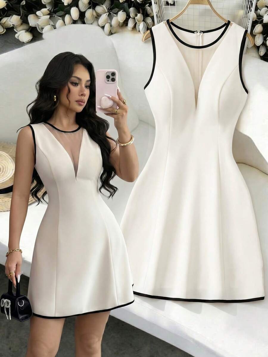 Elenzga Sleeveless Round Neck Color Block Fabric Patchwork Waist A-Line Elegant Romantic Dress For Women - Apricot - View 1