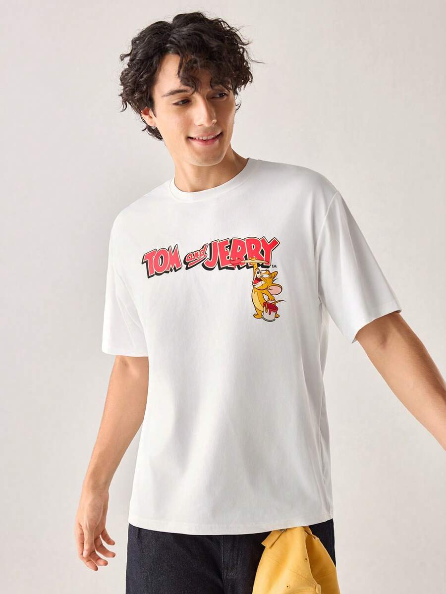 Strevion TOM & JERRY 男士休闲百搭汤姆和杰瑞图案印花圆领短袖T恤 - 白色 - 查看 1