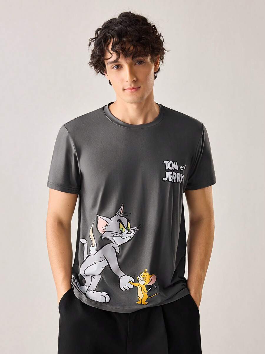 Strevion TOM & JERRY Kaos Pria Minimalis Motif Grafis , Kerah Bulat, Lengan Pendek, Musim Panas - Dark Grey - View 1