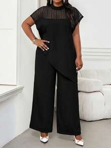 SHEIN Lady Plus Size Women's Mesh Patchwork Asymmetric Hem Black Top Cocktail Party Dinner Summer Elegant - Black - View 7