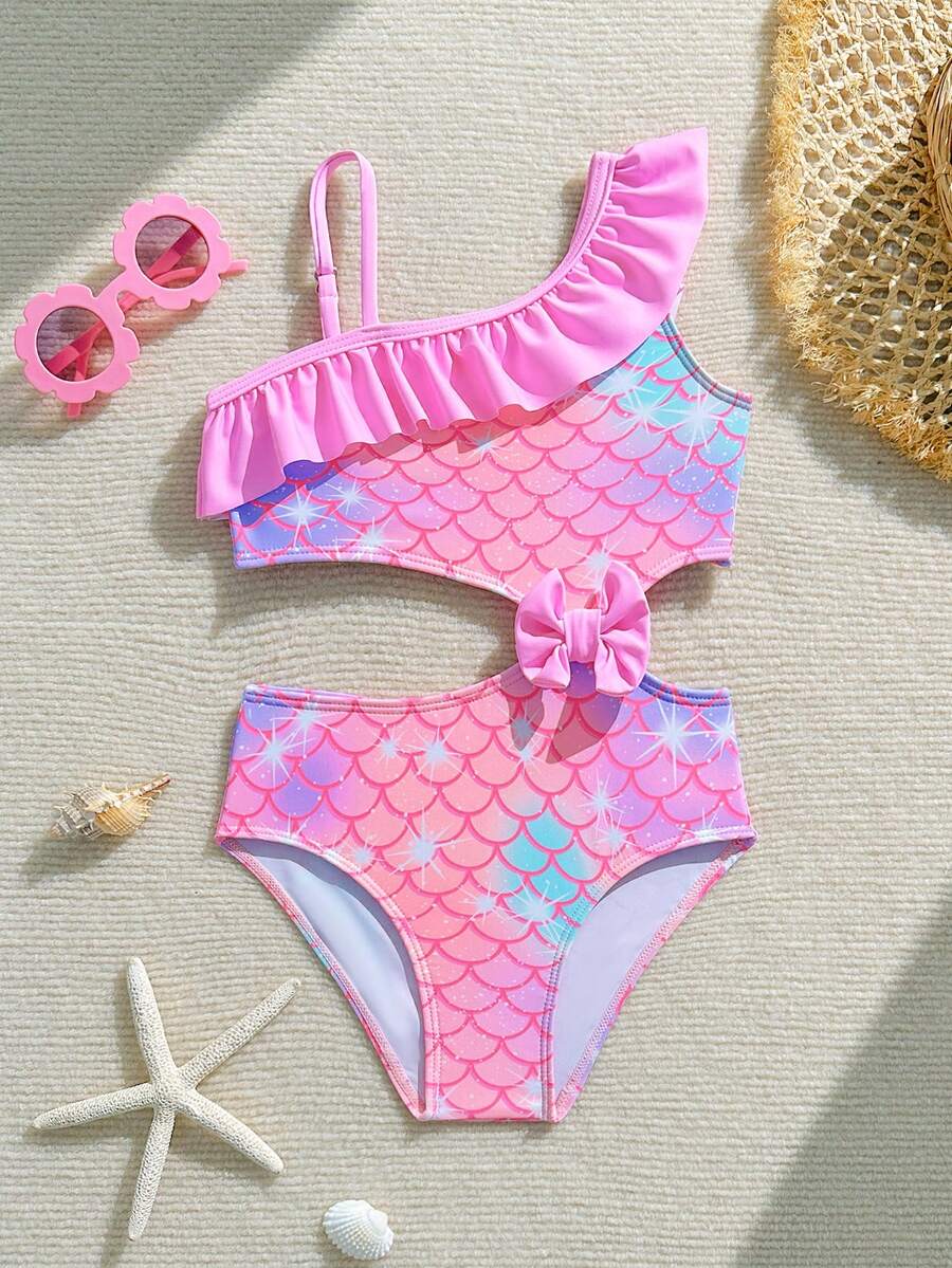 SHEIN Young Girl Fish Scale Pattern Pleated Bow Decor One-Piece Swimsuit, Pink Ruffle Trim One-Shoulder Design, Suitable For Beach Vacation, Pool Party, Beach Party - Pink - View 1