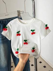 SHEIN 女童 1件 櫻桃刺繡休閒T恤，夏季 - 白色 - 查看 5