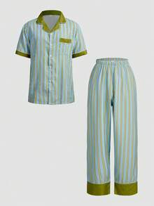 Chillnights Men's Casual Comfortable Contrast Stripe Print Lapel Button Loose Woven Pajama Set - Multicolor - View 1