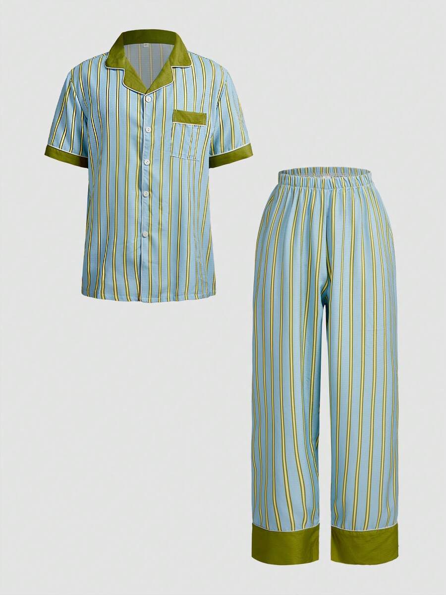 Chillnights Men's Casual Comfortable Contrast Stripe Print Lapel Button Loose Woven Pajama Set - Multicolor - View 1